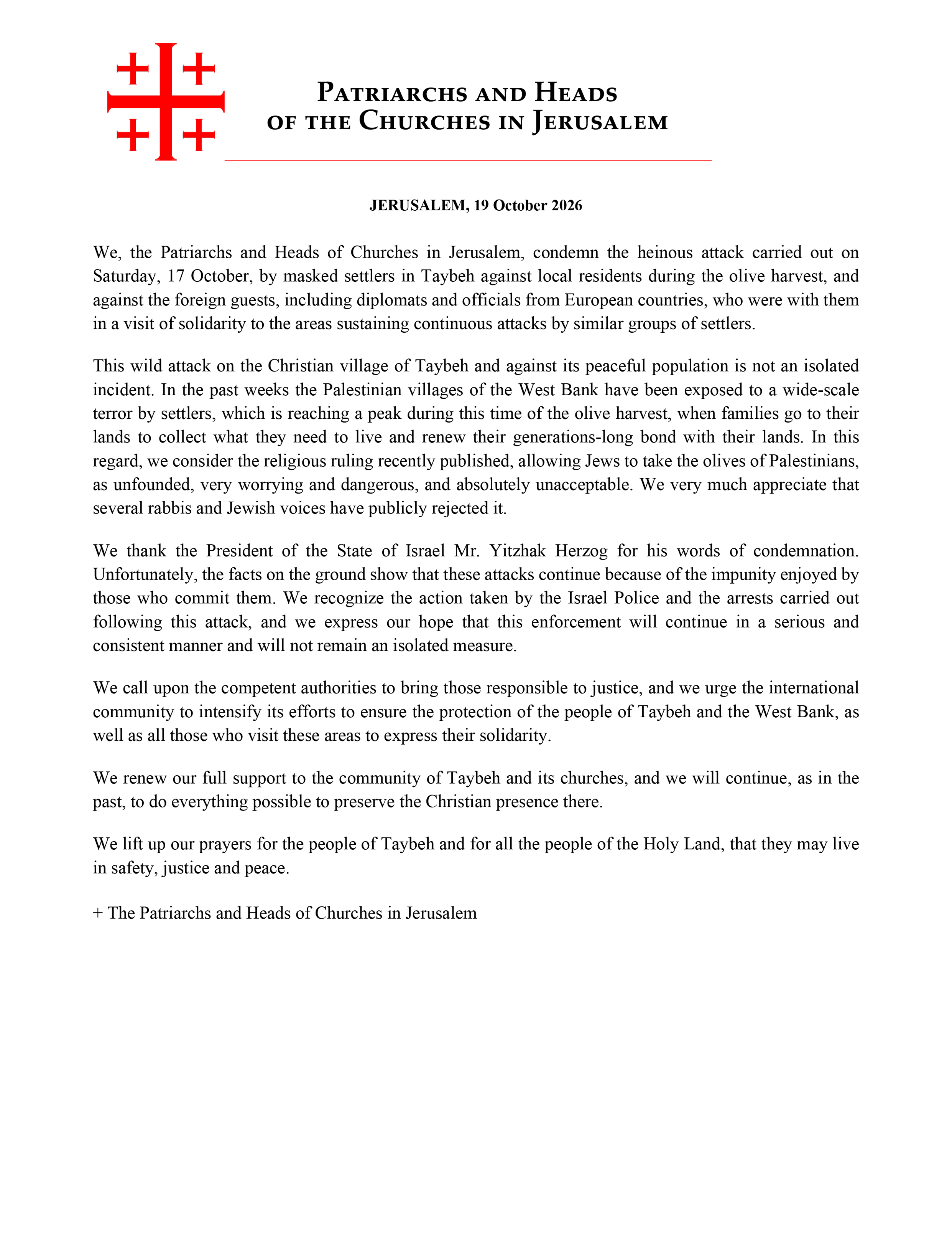 Statement by the Patriarchs and Heads of Churches in Jerusalem on the Settler Attack in Taybeh